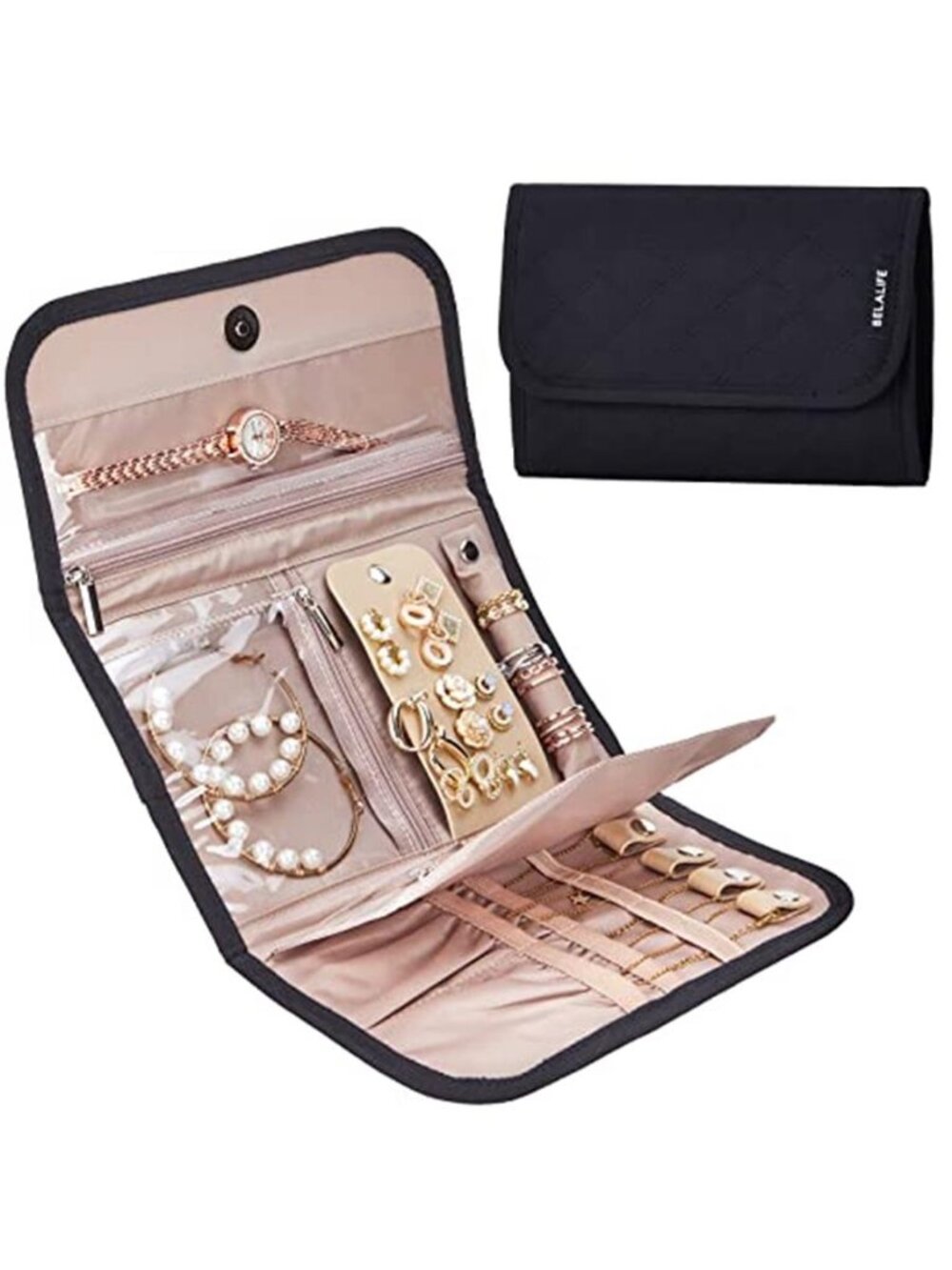 Travel Jewelry Organizer Case Foldable Necklace Ring Earring Storage Roll Bag